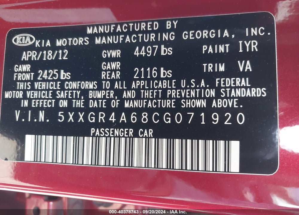 2012 KIA OPTIMA SX VIN: 5XXGR4A68CG071920