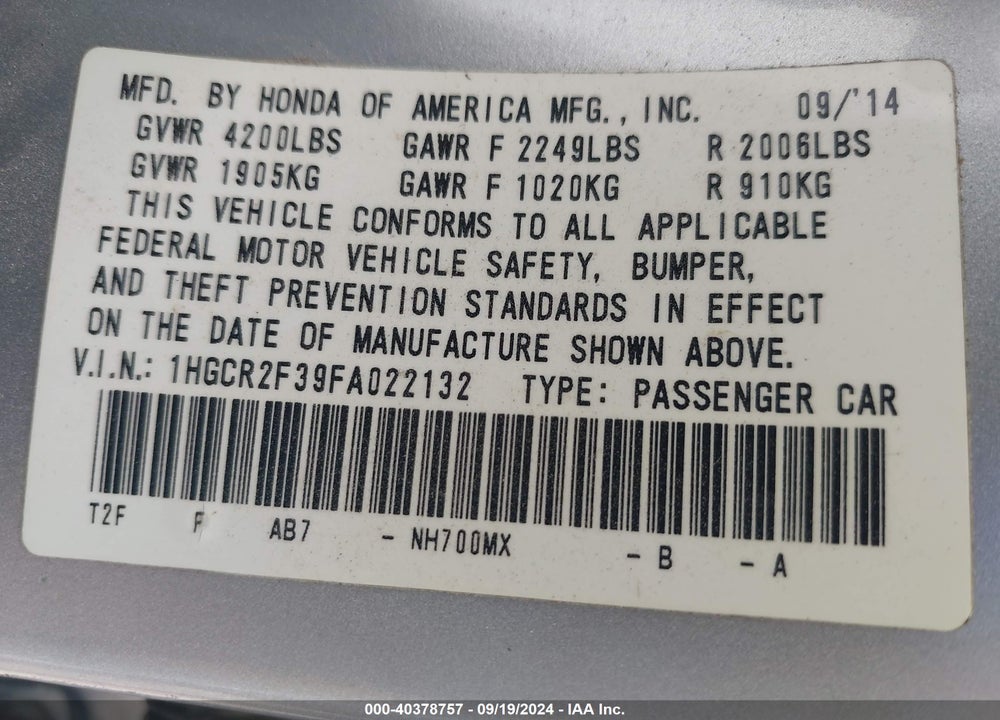 2015 HONDA ACCORD LX VIN: 1HGCR2F39FA022132