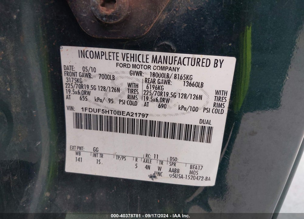 2011 FORD F-550 CHASSIS XL VIN: 1FDUF5HT0BEA21797