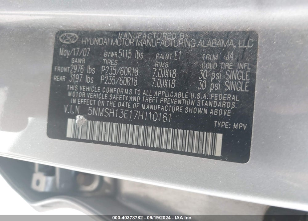 2007 HYUNDAI SANTA FE LIMITED/SE VIN: 5NMSH13E17H110161