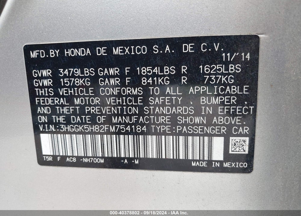 2015 HONDA FIT EX/EX-L VIN: 3HGGK5H82FM754184