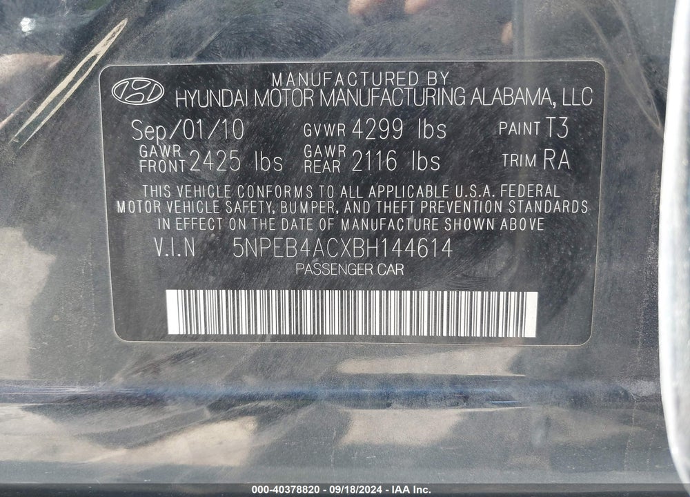 2011 HYUNDAI SONATA GLS VIN: 5NPEB4ACXBH144614