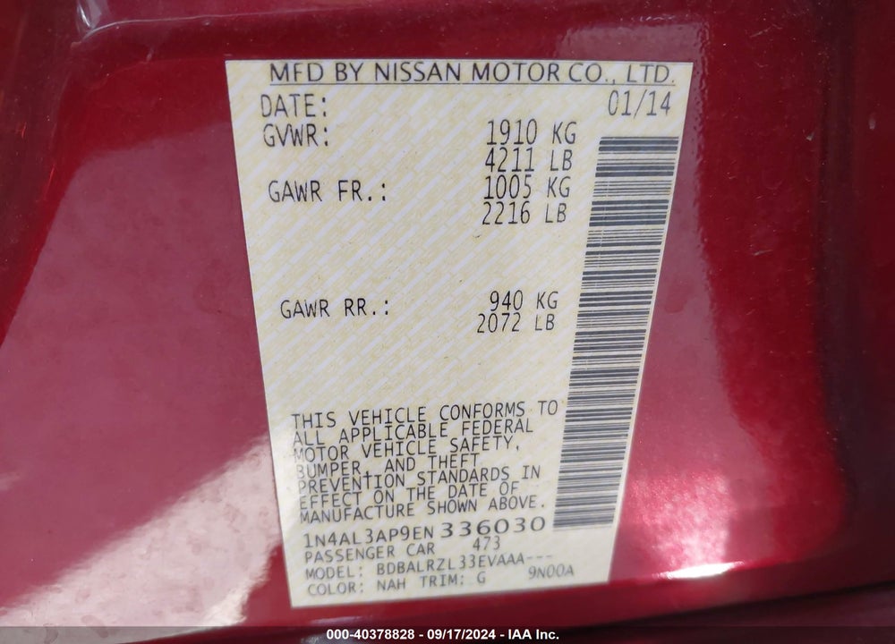 2014 NISSAN ALTIMA 2.5/2.5 S/2.5 SL/2.5 SV VIN: 1N4AL3AP9EN336030