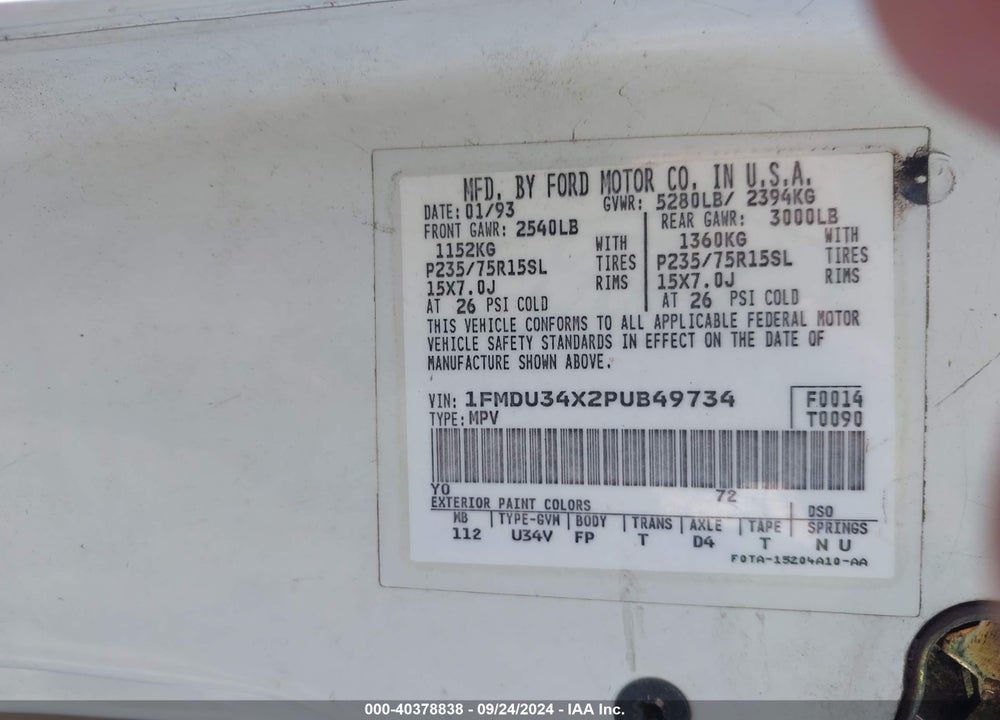1993 FORD EXPLORER VIN: 1FMDU34X2PUB49734