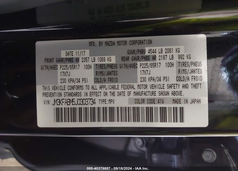 2018 MAZDA CX-5 SPORT VIN: JM3KFABM5J0303734