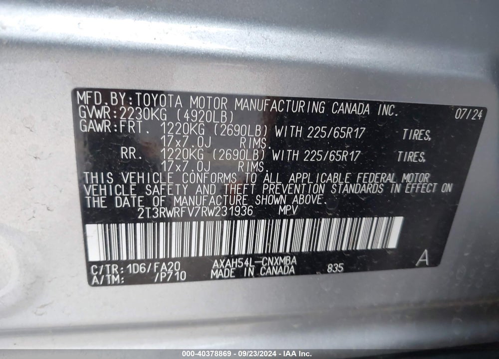 2024 TOYOTA RAV4 HYBRID XLE VIN: 2T3RWRFV7RW231936