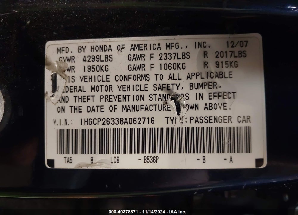 2008 HONDA ACCORD 2.4 LX VIN: 1HGCP26338A062716