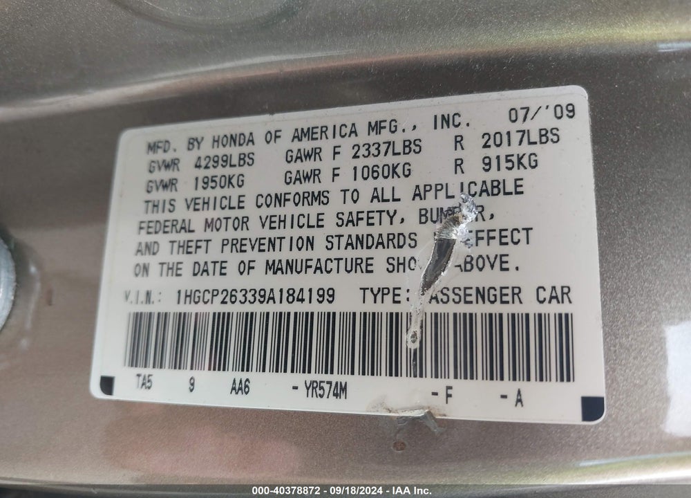 2009 HONDA ACCORD 2.4 LX VIN: 1HGCP26339A184199