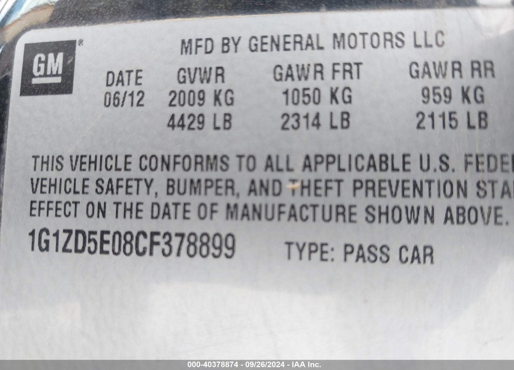 2012 CHEVROLET MALIBU 2LT VIN: 1G1ZD5E08CF378899