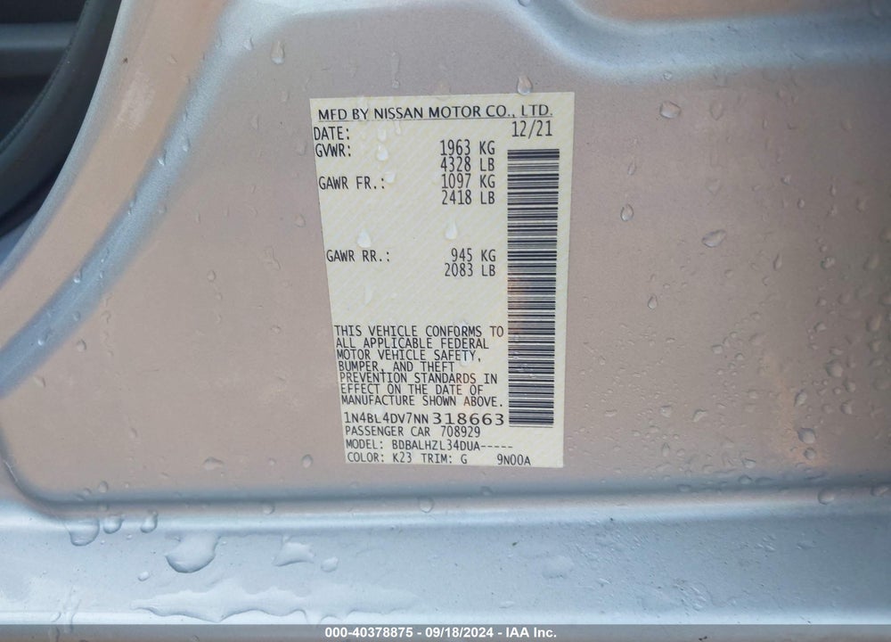 2022 NISSAN ALTIMA SV FWD VIN: 1N4BL4DV7NN318663
