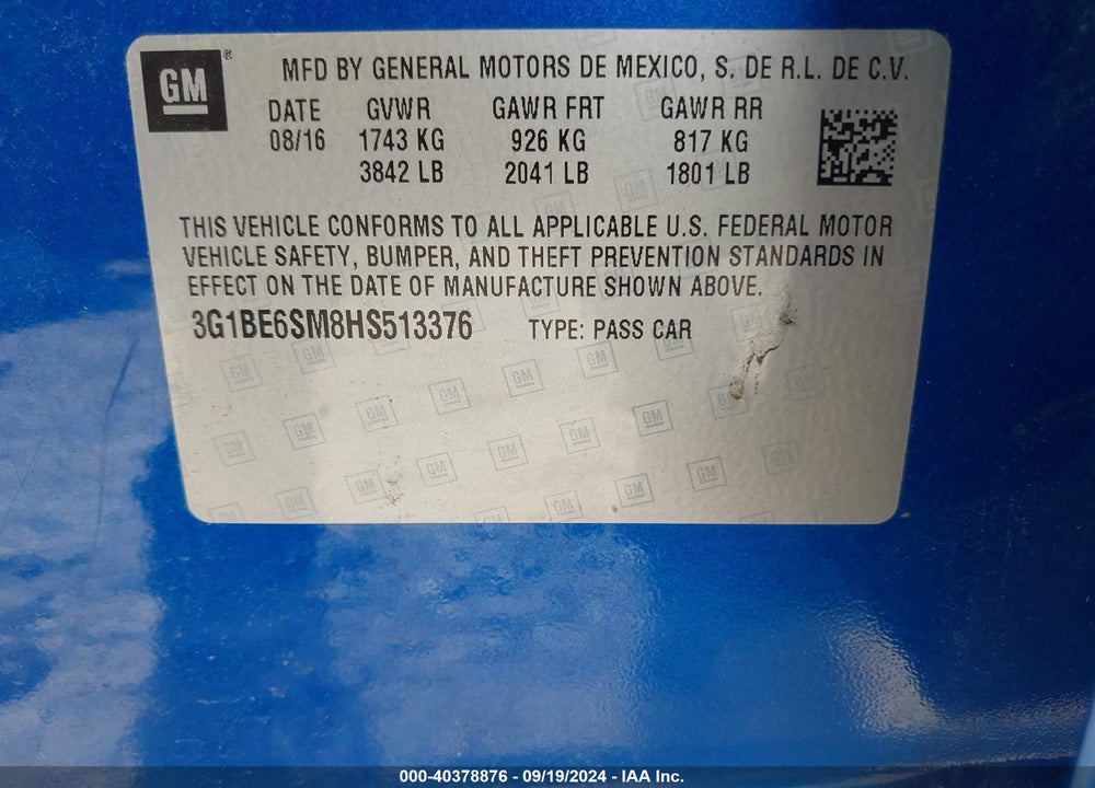2017 CHEVROLET CRUZE LT AUTO VIN: 3G1BE6SM8HS513376