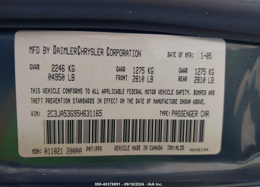 2005 CHRYSLER 300 TOURING VIN: 2C3JA53G95H631165