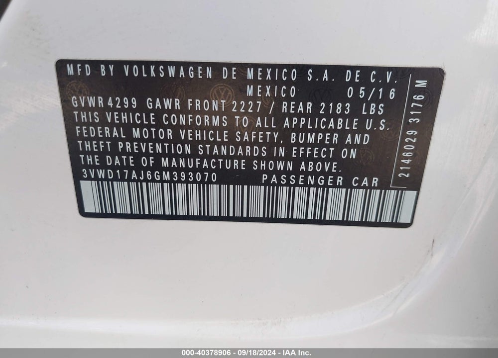 2016 VOLKSWAGEN JETTA 1.8T SPORT VIN: 3VWD17AJ6GM393070