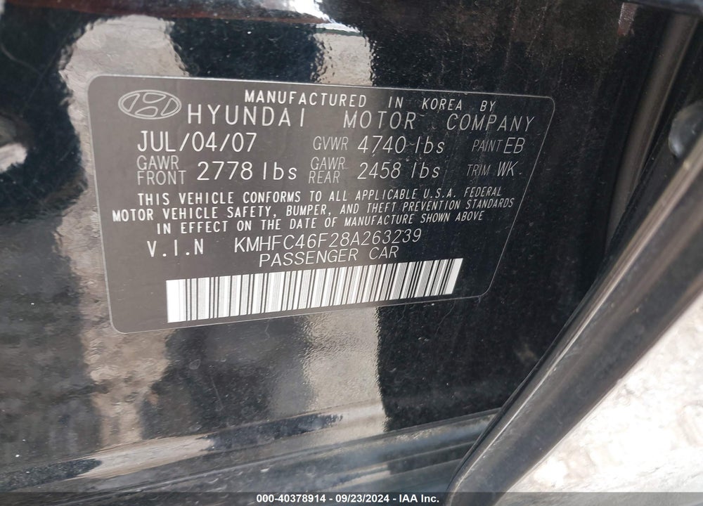 2008 HYUNDAI AZERA LIMITED VIN: KMHFC46F28A263239