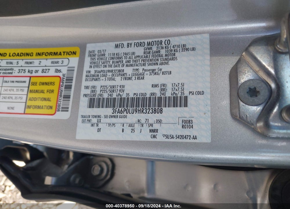 2017 FORD FUSION HYBRID VIN: 3FA6P0LU9HR323808