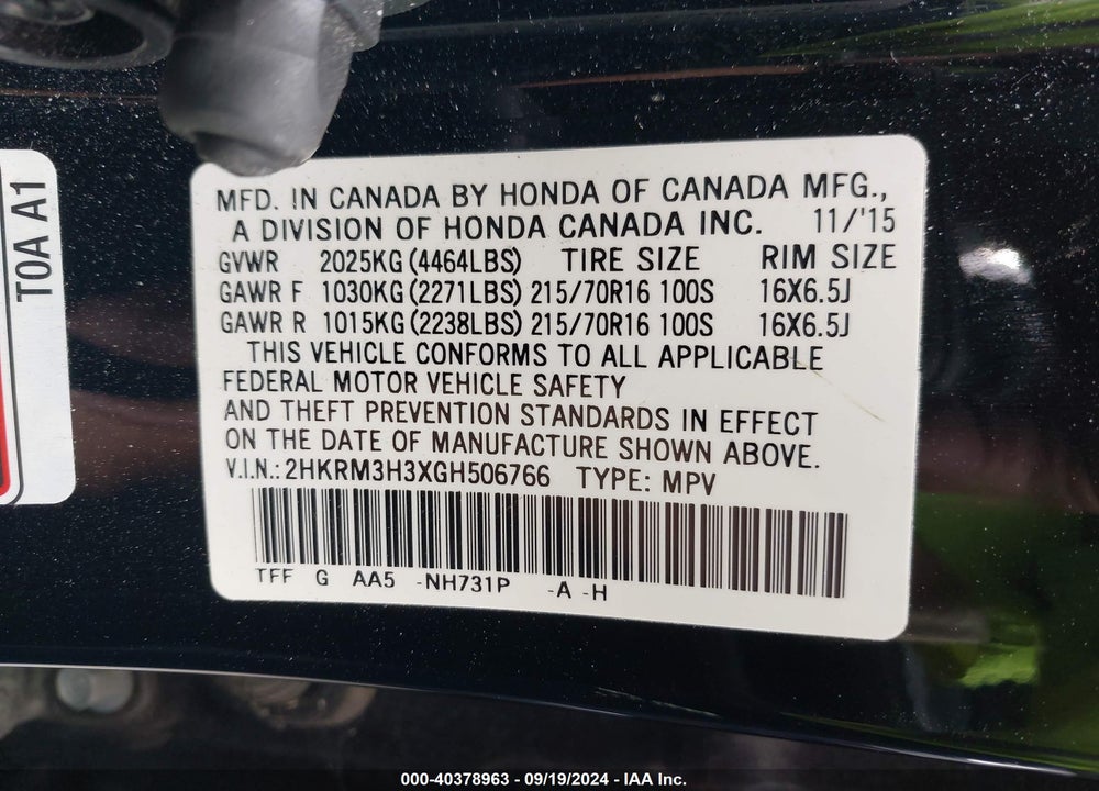 2016 HONDA CR-V LX VIN: 2HKRM3H3XGH506766