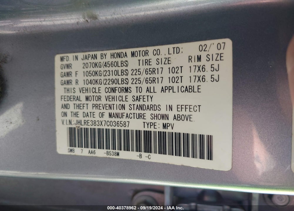 2007 HONDA CR-V LX VIN: JHLRE383X7C036587