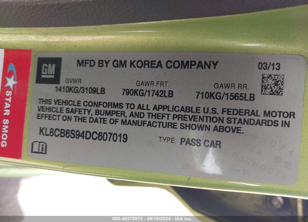 2013 CHEVROLET SPARK LS AUTO VIN: KL8CB6S94DC607019