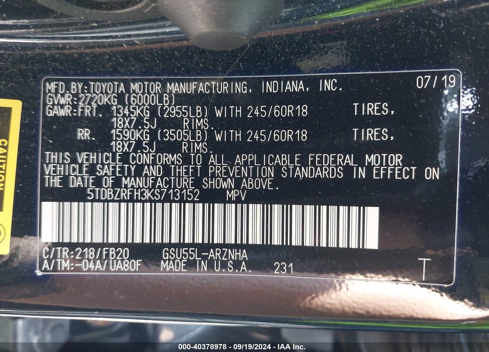 2019 TOYOTA HIGHLANDER LE VIN: 5TDBZRFH3KS713152