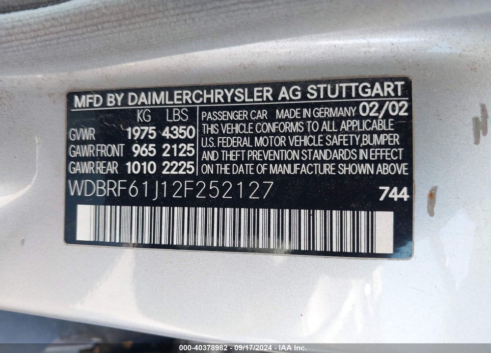 2002 MERCEDES-BENZ C 240 VIN: WDBRF61J12F252127