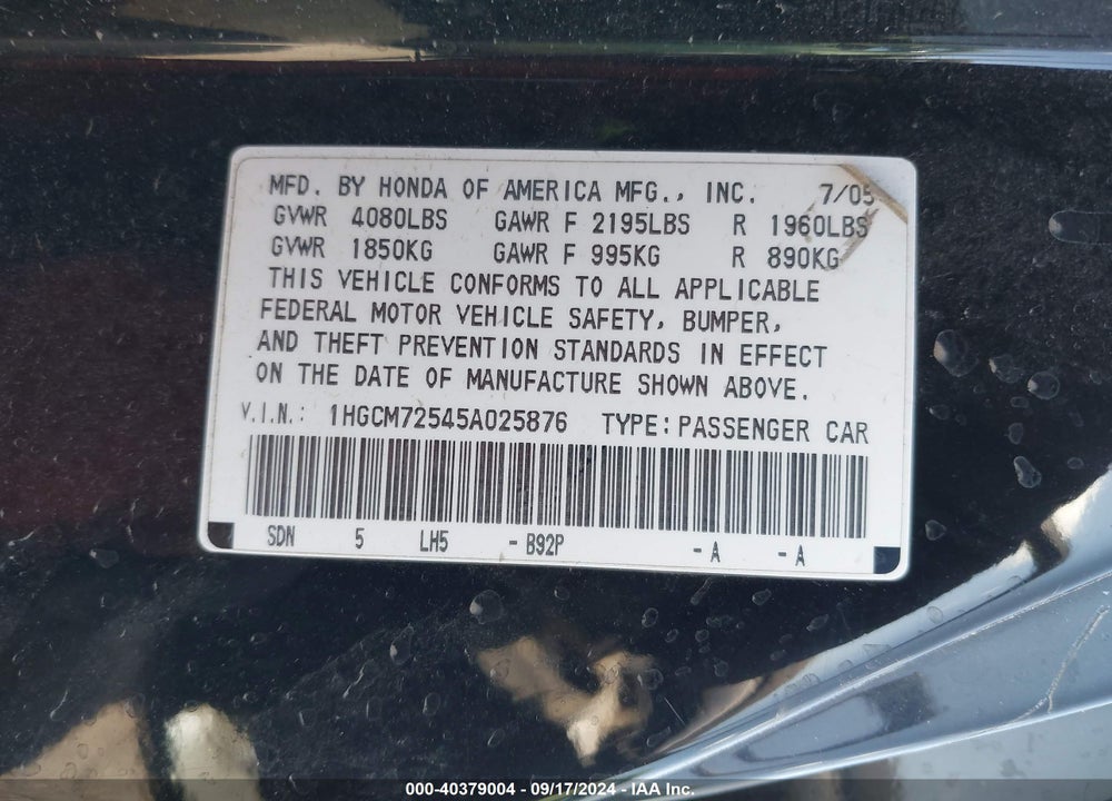 2005 HONDA ACCORD 2.4 LX SPECIAL EDITION VIN: 1HGCM72545A025876
