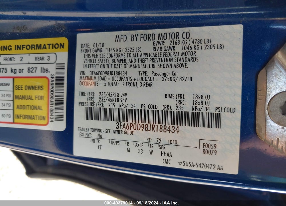 2018 FORD FUSION TITANIUM VIN: 3FA6P0D98JR188434