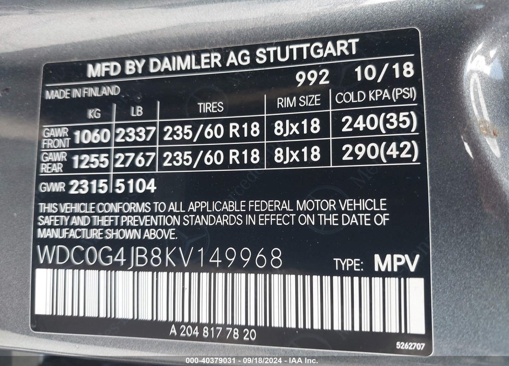 2019 MERCEDES-BENZ GLC 300 VIN: WDC0G4JB8KV149968