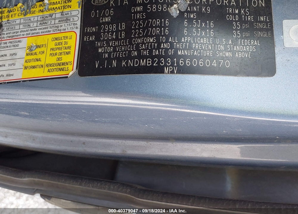2006 KIA SEDONA EX/LX VIN: KNDMB233166060470
