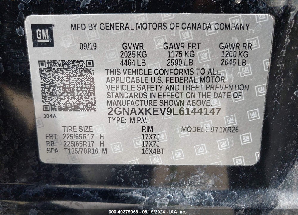 2020 CHEVROLET EQUINOX FWD LT 1.5L TURBO VIN: 2GNAXKEV9L6144147
