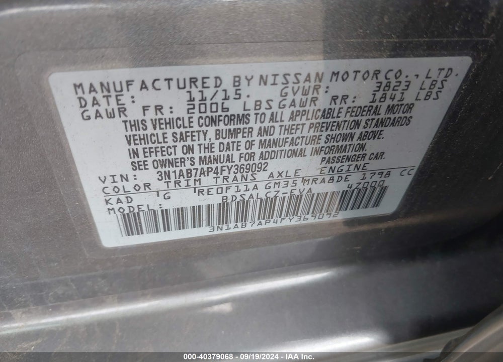 2015 NISSAN SENTRA S VIN: 3N1AB7AP4FY369092