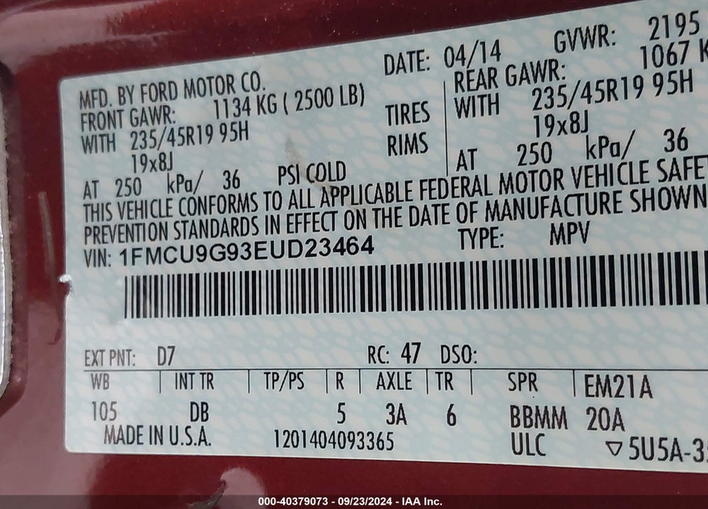 2014 FORD ESCAPE SE VIN: 1FMCU9G93EUD23464