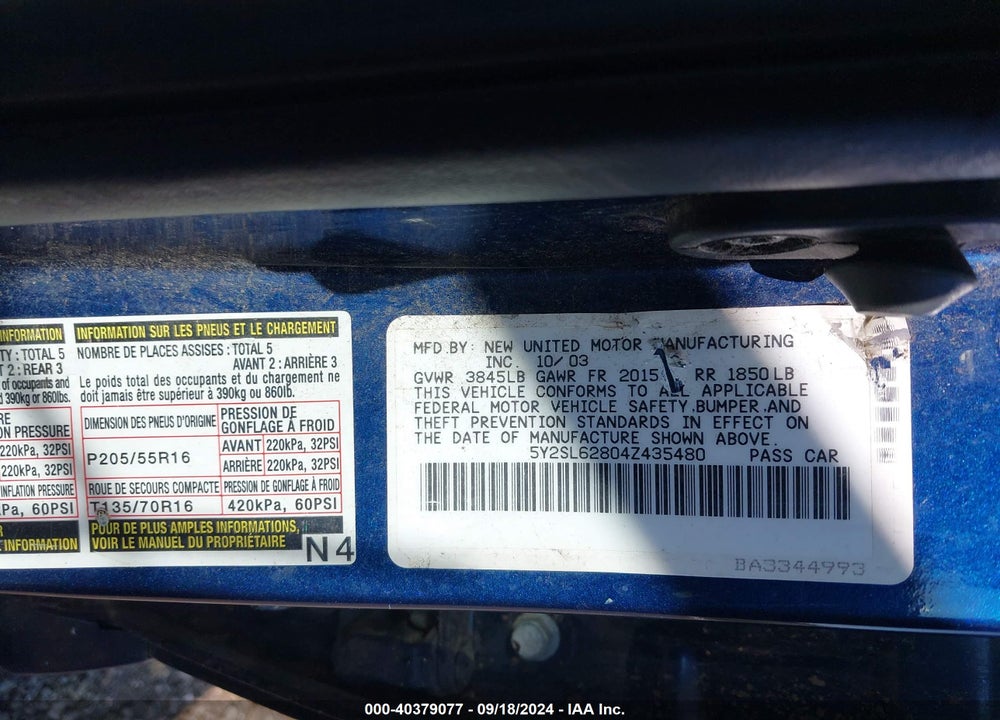 2004 PONTIAC VIBE VIN: 5Y2SL62804Z435480