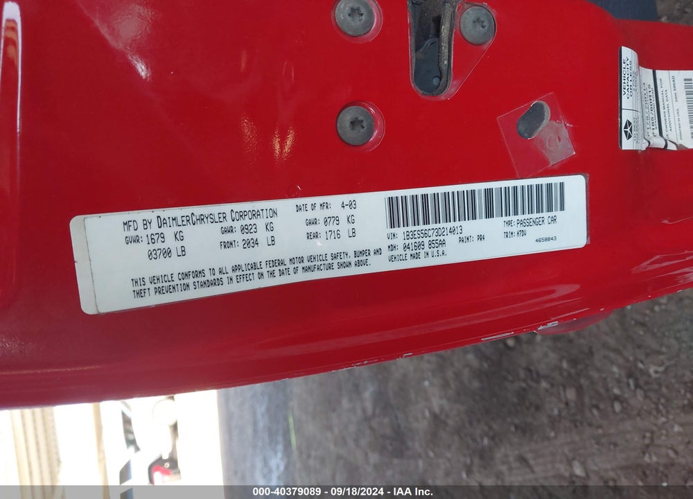 2003 DODGE NEON SXT VIN: 1B3ES56C73D214013