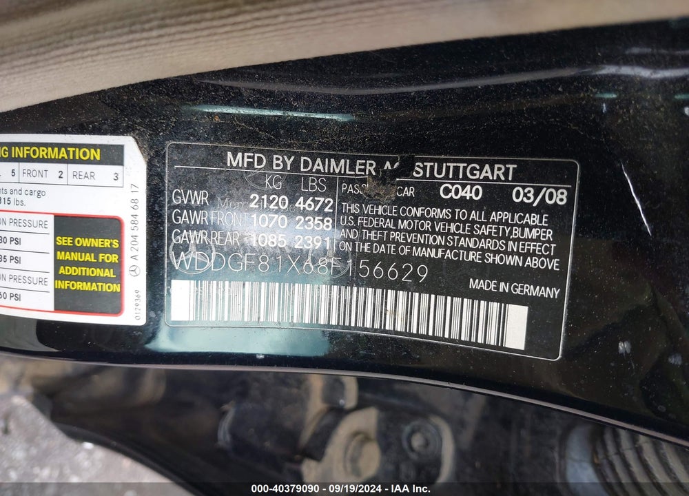 2008 MERCEDES-BENZ C 300 LUXURY 4MATIC/SPORT 4MATIC VIN: WDDGF81X68F156629