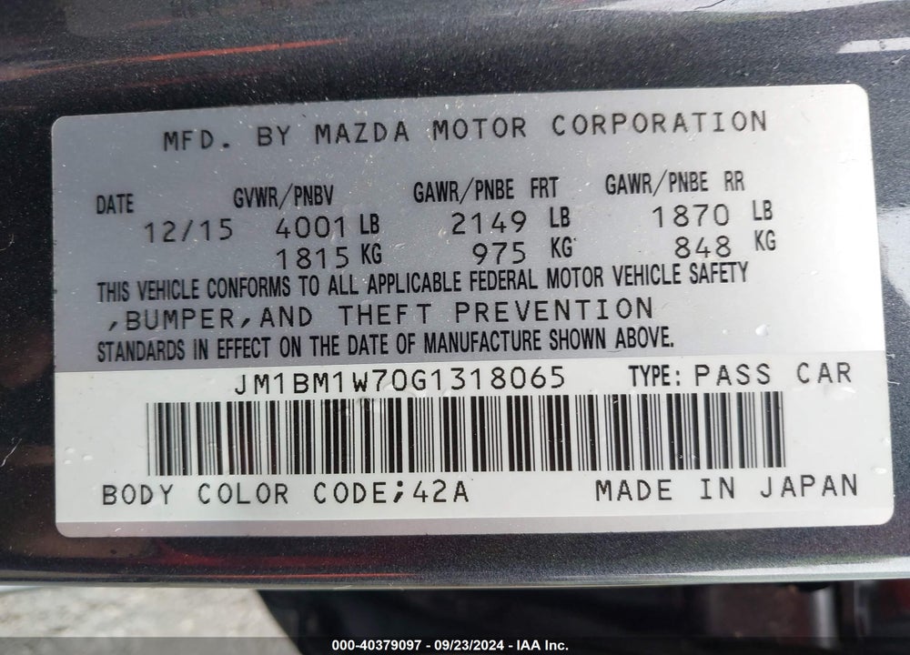 2016 MAZDA 3 I TOURING VIN: JM1BM1W70G1318065