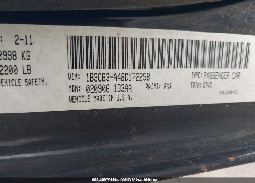 2011 DODGE CALIBER MAINSTREET VIN: 1B3CB3HA4BD172258