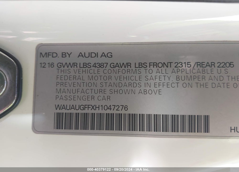 2017 AUDI A3 2.0T PREMIUM VIN: WAUAUGFFXH1047276