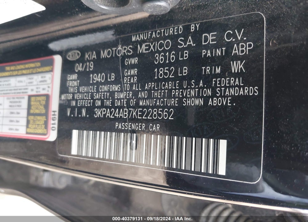 2019 KIA RIO S VIN: 3KPA24AB7KE228562