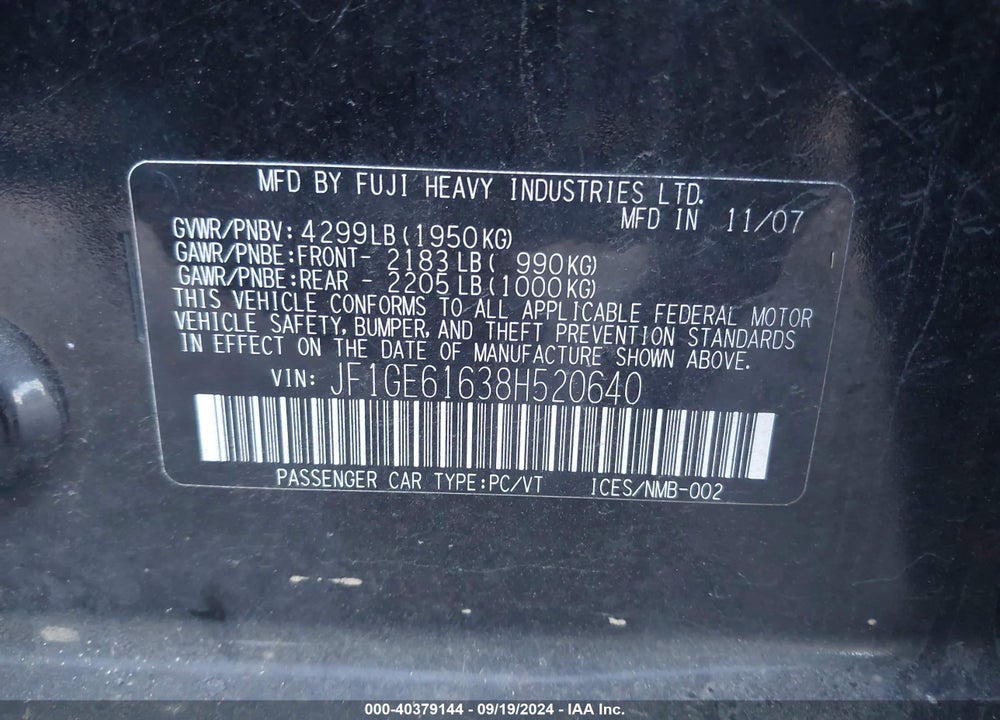 2008 SUBARU IMPREZA 2.5I VIN: JF1GE61638H520640