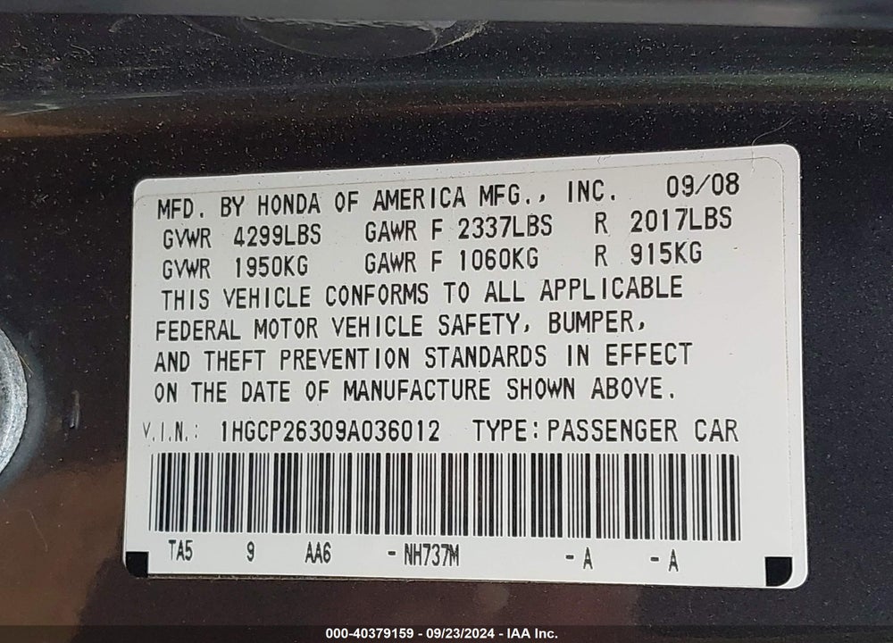 2009 HONDA ACCORD 2.4 LX VIN: 1HGCP26309A036012