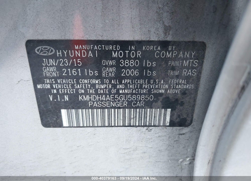 2016 HYUNDAI ELANTRA VIN: KMHDH4AE5GU589850