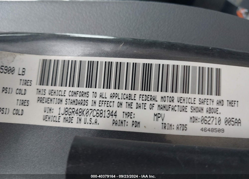 2007 JEEP GRAND CHEROKEE LAREDO VIN: 1J8GR48K07C681344