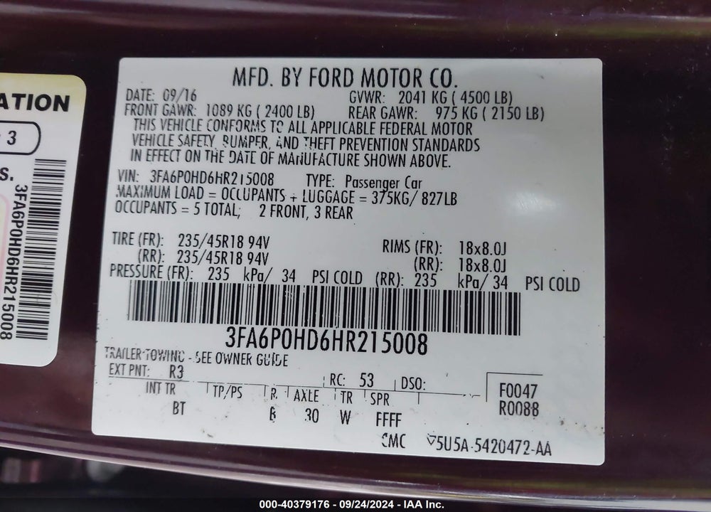 2017 FORD FUSION SE VIN: 3FA6P0HD6HR215008