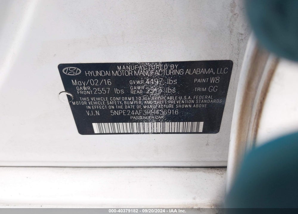 2017 HYUNDAI SONATA SE VIN: 5NPE24AF3HH436916