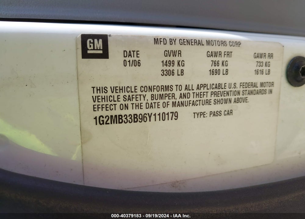 2006 PONTIAC SOLSTICE VIN: 1G2MB33B96Y110179