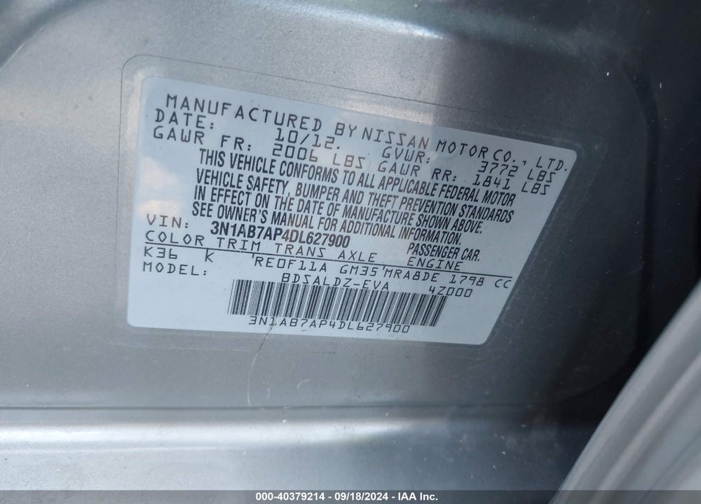 2013 NISSAN SENTRA SV VIN: 3N1AB7AP4DL627900