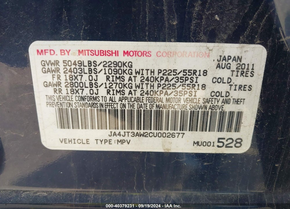 2012 MITSUBISHI OUTLANDER SE VIN: JA4JT3AW2CU002677