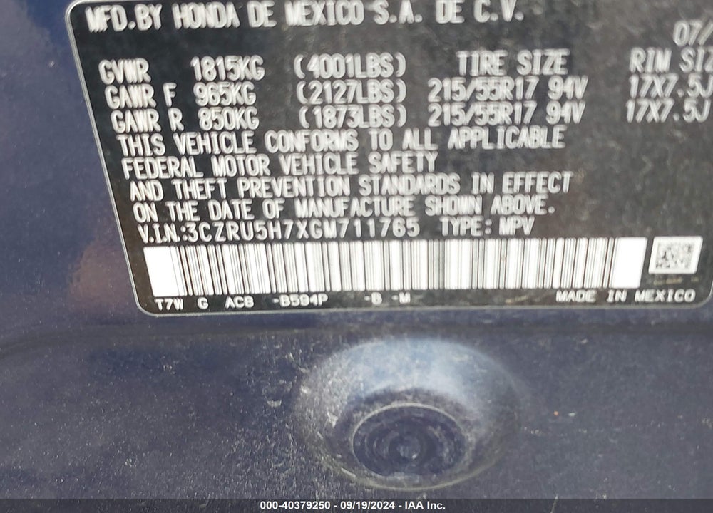 2016 HONDA HR-V EX-L VIN: 3CZRU5H7XGM711765
