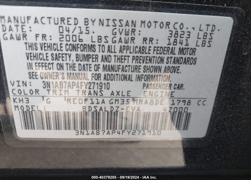 2015 NISSAN SENTRA SV VIN: 3N1AB7AP4FY271910