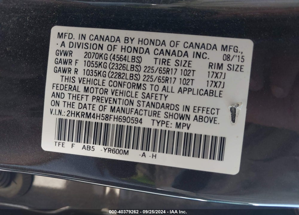 2015 HONDA CR-V EX VIN: 2HKRM4H58FH690594